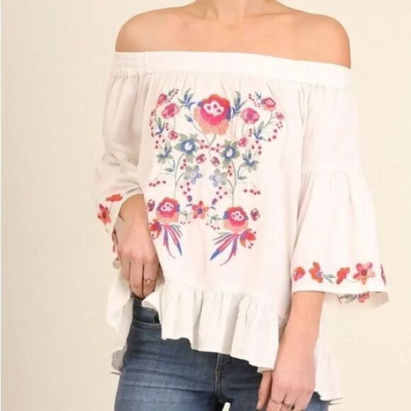 Umgee Tops - Umgee White Floral Embroidered Off The Shoulder Top S Cotton blend Boho Peasant